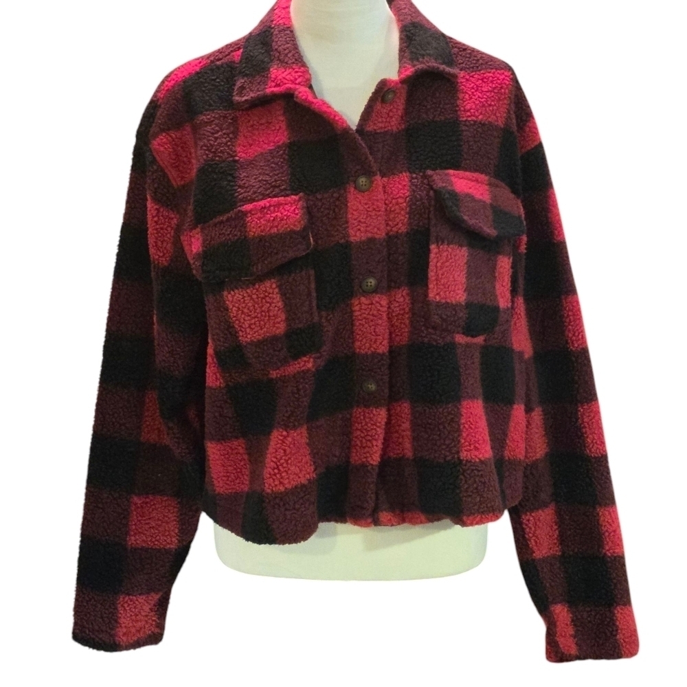 Love, Fire Cropped Fleece Jacket Black Red Buffalo Plaid Button Up Women size 1X